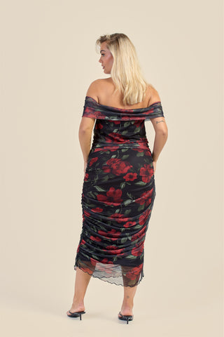 Curve bardot mesh rose print midi dress