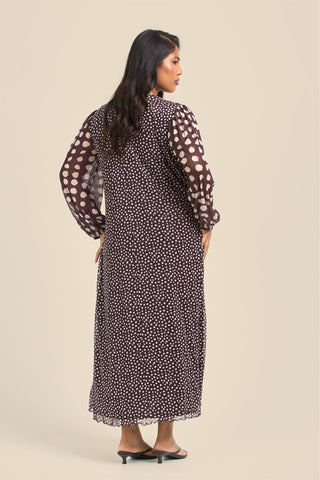 Curve Chocolate Polka Dot Balloon Sleeve Mesh Midi Dress