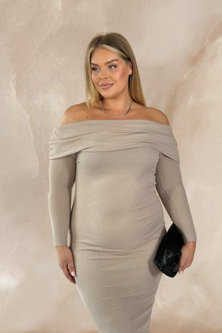 Curve Soft ribbed Bardot Maxi Dress In Stone
