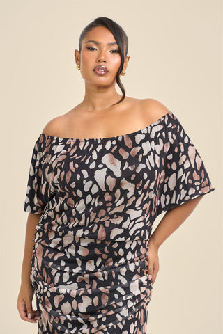 Curve Drop Shoulder Animal Print Mesh Midi Dress