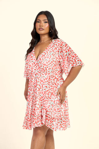 Curve Ditsy Floral Print Wrap And Ruffle Skater Dress