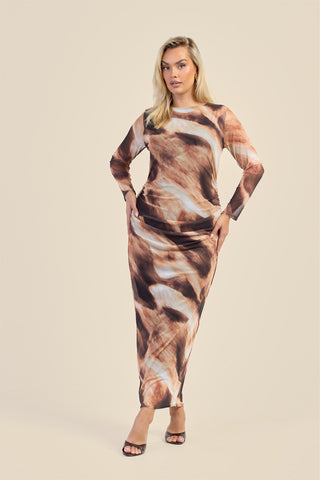 Curve long sleeve mesh abstract print midaxi print