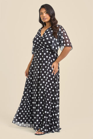 Curve Angel Sleeve Wrap Front Polka Dot Maxi Dress