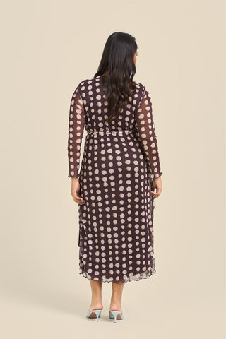 Curve Chocolate Polka Dot Wrap Over Tie Side Midaxi Dress