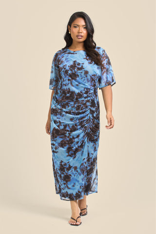Curve Blue Abstract Print Flutter Sleeve Ruched Midi Dress