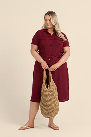 Curve Button Front Belted Shirt Dress