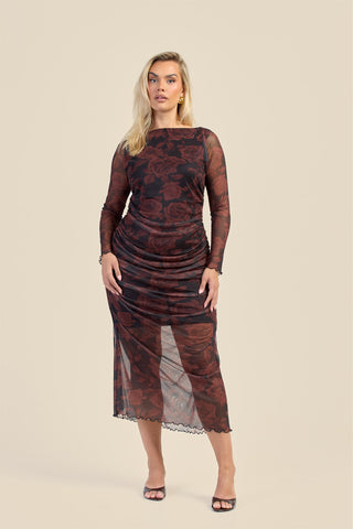 Curve Autumn Rose Ruched Mesh Midaxi Dress