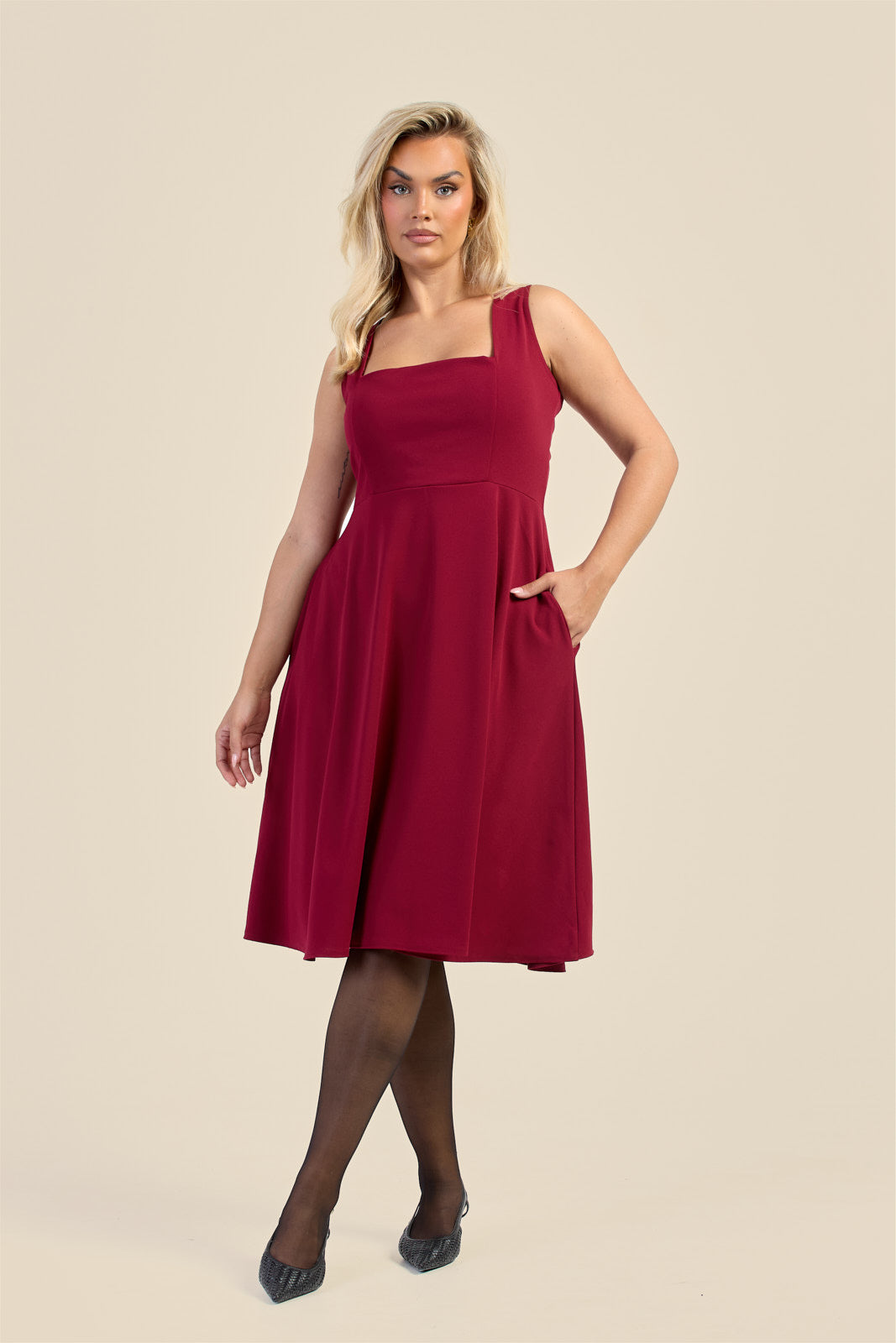 burgundy skater dress plus size Rebdolls Women's Class Flirt Cotton Off The Shoulder Mini Skater Dress W. Pockets - Burgundy