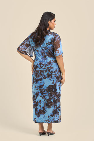 Curve Blue Abstract Print Flutter Sleeve Ruched Midi Dress
