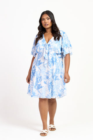 Curve Blue Floral Flutter Sleeve Tie Front Mini Skater Dress