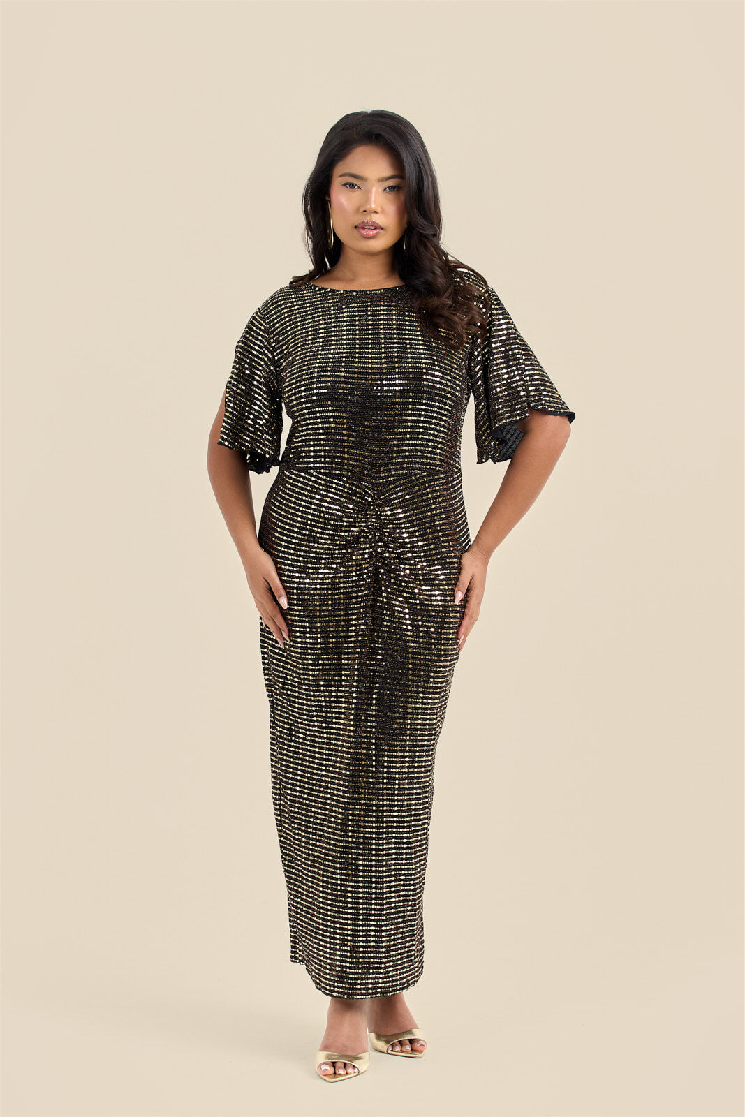 Plus Size Gold Sequin Ruched Flutter Sleeve Midi Dress Fashion//SZN Plus Size Gold Sequin Ruched Flutter Sleeve Midi Dress Fashion//SZN