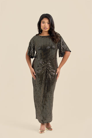 Plus Size Gold Sequin Ruched Flutter Sleeve Midi Dress