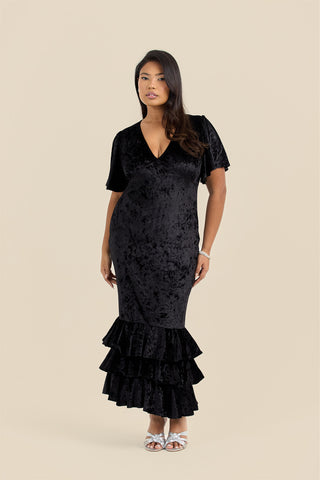 Curve Statement Flutter sleeve velvet ruffle hem maxi dress
