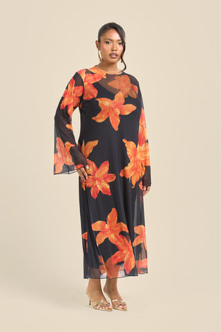 Curve Swing Style Bold Floral Mesh Midaxi Dress