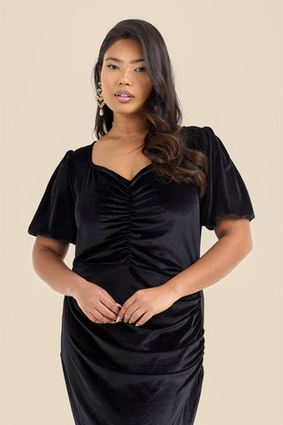 Plus Size Black Velvet Puff Sleeve Ruched Midi Dress