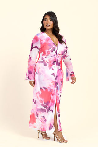 Curve Floral Twist Front Plunge Flare Sleeved Midi Dress