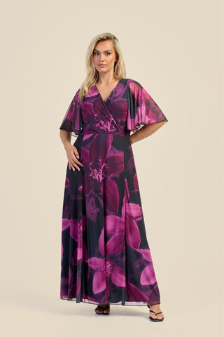Curve Dark Purple Floral Wrap Front Angel Sleeve Maxi Dress