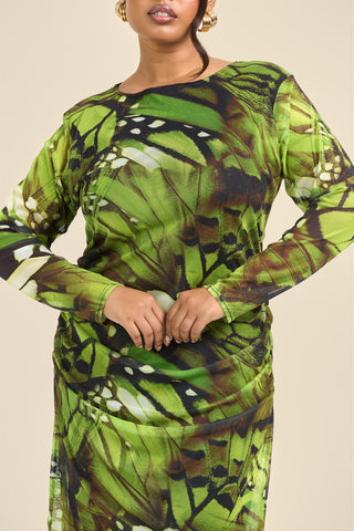 Curve Abstract Print Ruched Mesh Midaxi Dress