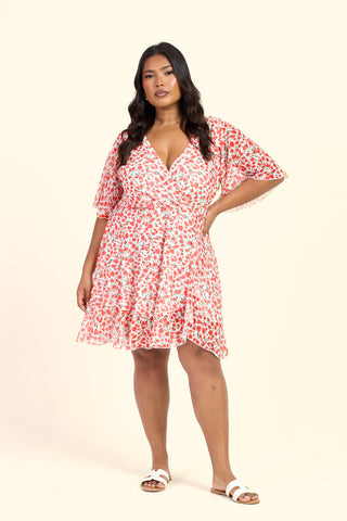 Curve Ditsy Floral Print Wrap And Ruffle Skater Dress