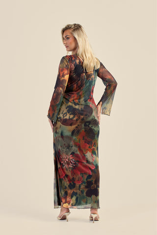 Curve abstract floral cowl neck long sleeve mesh maxi dress