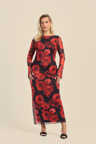 Curve Large floral flare sleeve mesh maxi dress