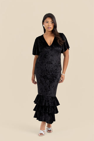 Curve Statement Flutter sleeve velvet ruffle hem maxi dress