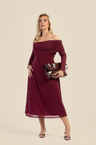 Curve Gathered Neck Long Sleeve Midi Dress