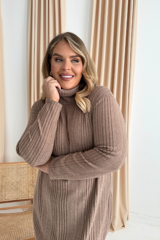 Curve knitted rib roll neck midaxi jumper dress in camel