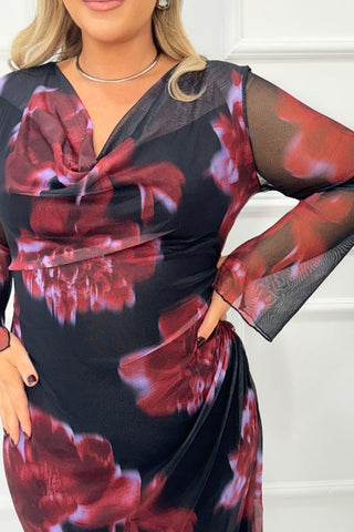Curve Cowl  neck Mesh flare sleeve Dark floral Maxi Dress
