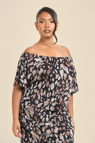 Curve Drop Shoulder Animal Print Mesh Midi Dress