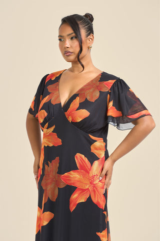 Curve Flutter Sleeve Bold Floral Midi Dress