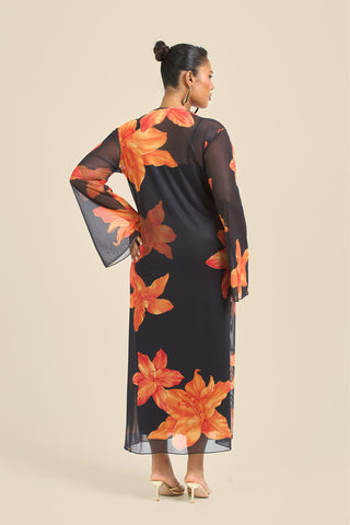 Curve Swing Style Bold Floral Mesh Midaxi Dress