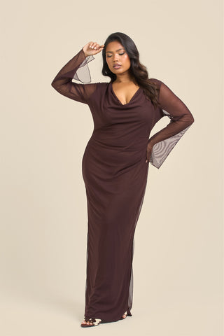 Curve Cowl Neck Long Sleeve Mesh Maxi Dress
