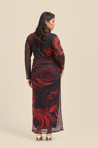 Curve rose print ruched midaxi dress