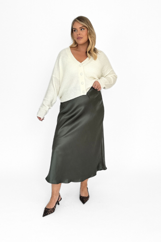 Curve Satin slip midi skirt in Olive