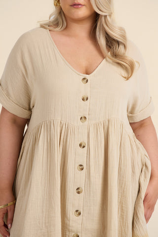 Curve Button Front Cheese Cloth Mini Smock Dress