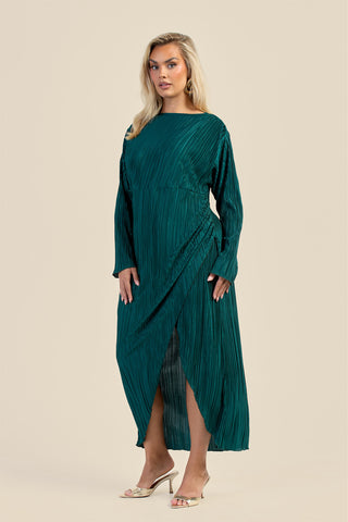 Curve Plisse Ruched Front Emerald Green Midaxi Dress