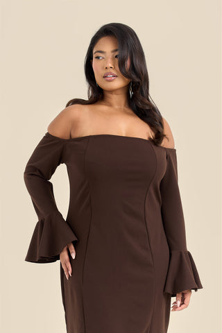 Curve Bardot Ruffle Sleeve Scuba Midi Dress