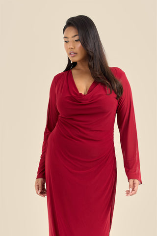 Plus Size Burgundy Long Sleeve Cowl Neck Mesh Maxi Dress