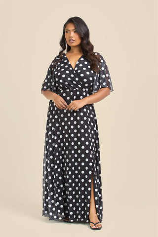 Curve Angel Sleeve Wrap Front Polka Dot Maxi Dress