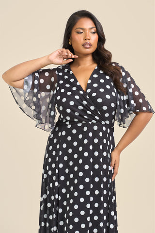 Curve Angel Sleeve Wrap Front Polka Dot Maxi Dress