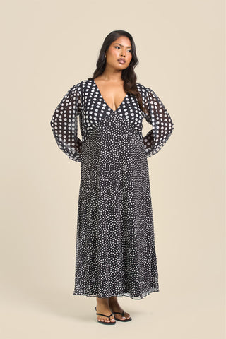 Curve Mixed Polka Dot Balloon Sleeve Midi Dress
