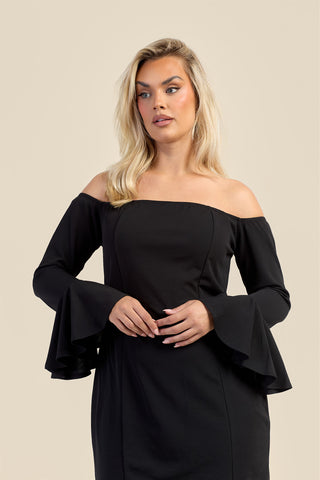 Curve Bardot Ruffle Sleeve Scuba Midi Dress
