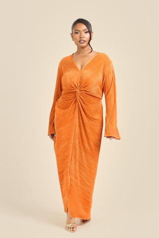 Curve Twist Front Plisse Flare Sleeve Midaxi Dress