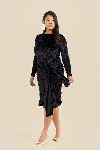 Curve crushed velvet tie front draped midaxi dress
