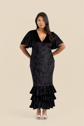 Curve Statement Flutter sleeve velvet ruffle hem maxi dress