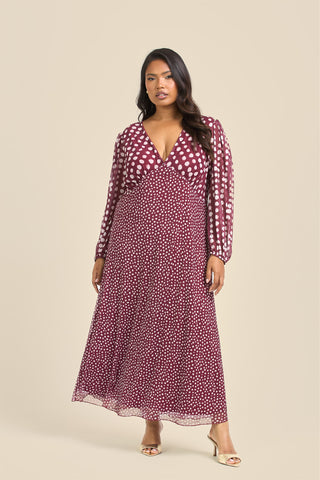 Curve Balloon Sleeve Mixed Polka Dot Midi Dress