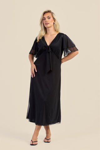 Curve Flutter Sleeve Black Mesh Tie Front Midi Dress