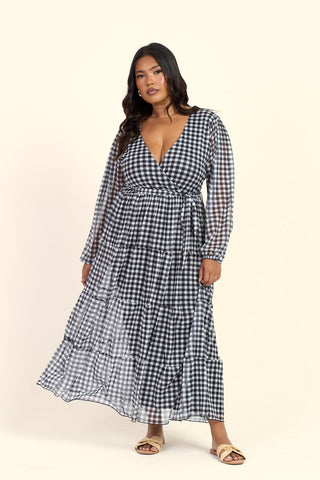 Curve Gingham Print Wrap Tie Belt Tiered Maxi Dress