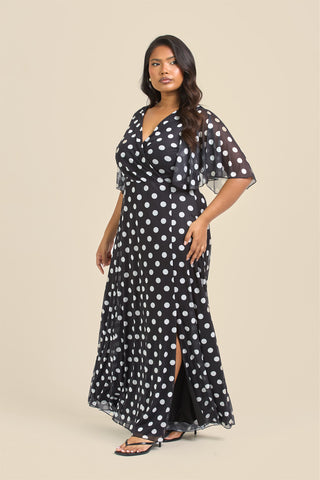 Curve Angel Sleeve Wrap Front Polka Dot Maxi Dress